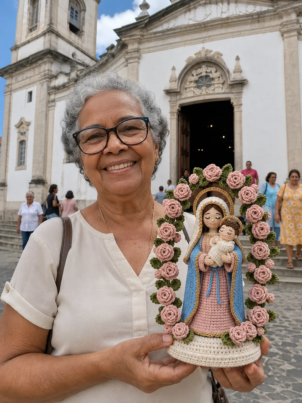 Carmem, 64 anos, de Salvador, com santinha de crochê feita após acompanhar as aulas
